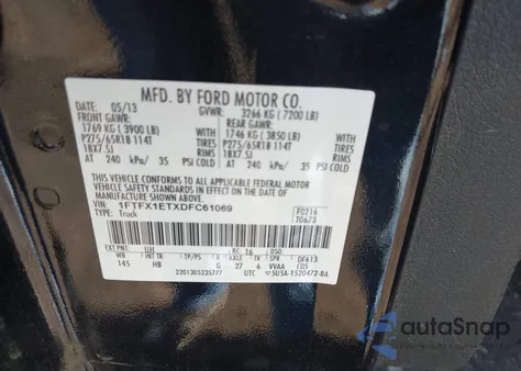 2013 Ford F-150 Lariat z USA, uszkodzony, nr VIN 1FTFX1ETXDFC61069